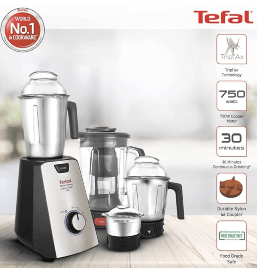 Tefal Grindforce Easyclean 750-Watt Mixer Grinder with 3 Stainless Steel Jars + Blender - Image 2